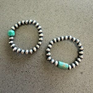 925 Sterling Silver & Turquoise Beaded Stretchy Rings Set Size 7-9 | Brand New